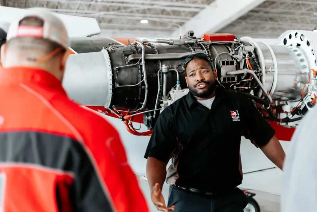 Aviation Maintenance Technology Instruction in Aviation Hangar.